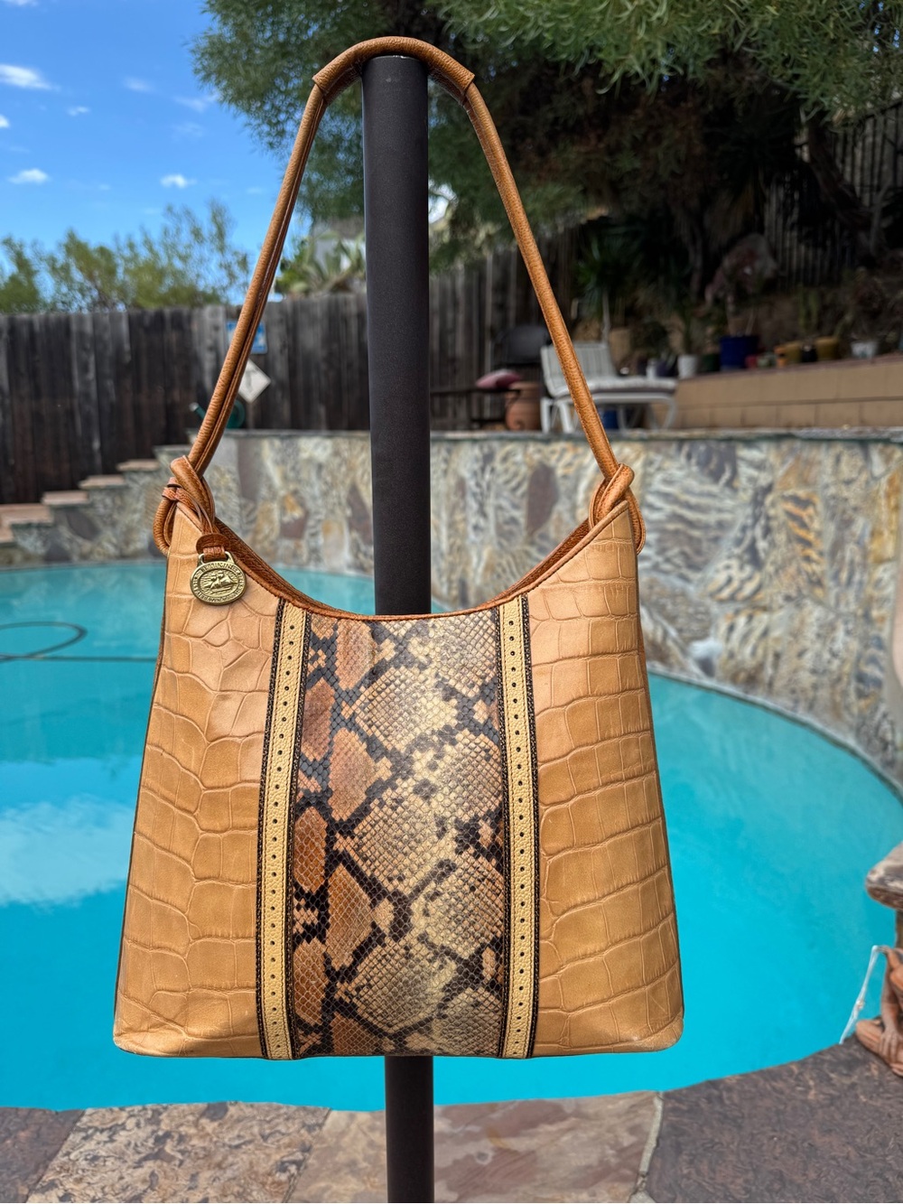 Brahmin Cognac Croc Embossed Leather Snake Print Large Shoulder Hobo Bag GUC